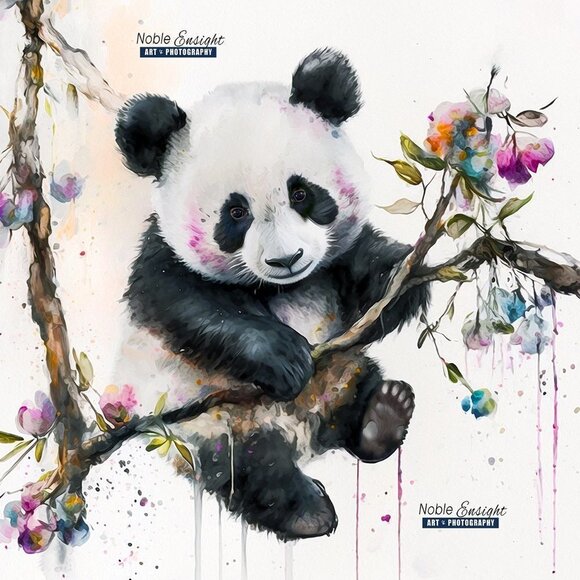 NobleCaptures Other - 20x30 Baby Panda in a Tree Floral Watercolor Oil Painting Art Print‎